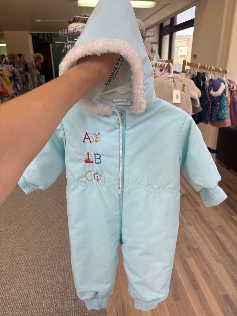 Light Blue Hooded Baby Snowsuit with ABC Embroidery